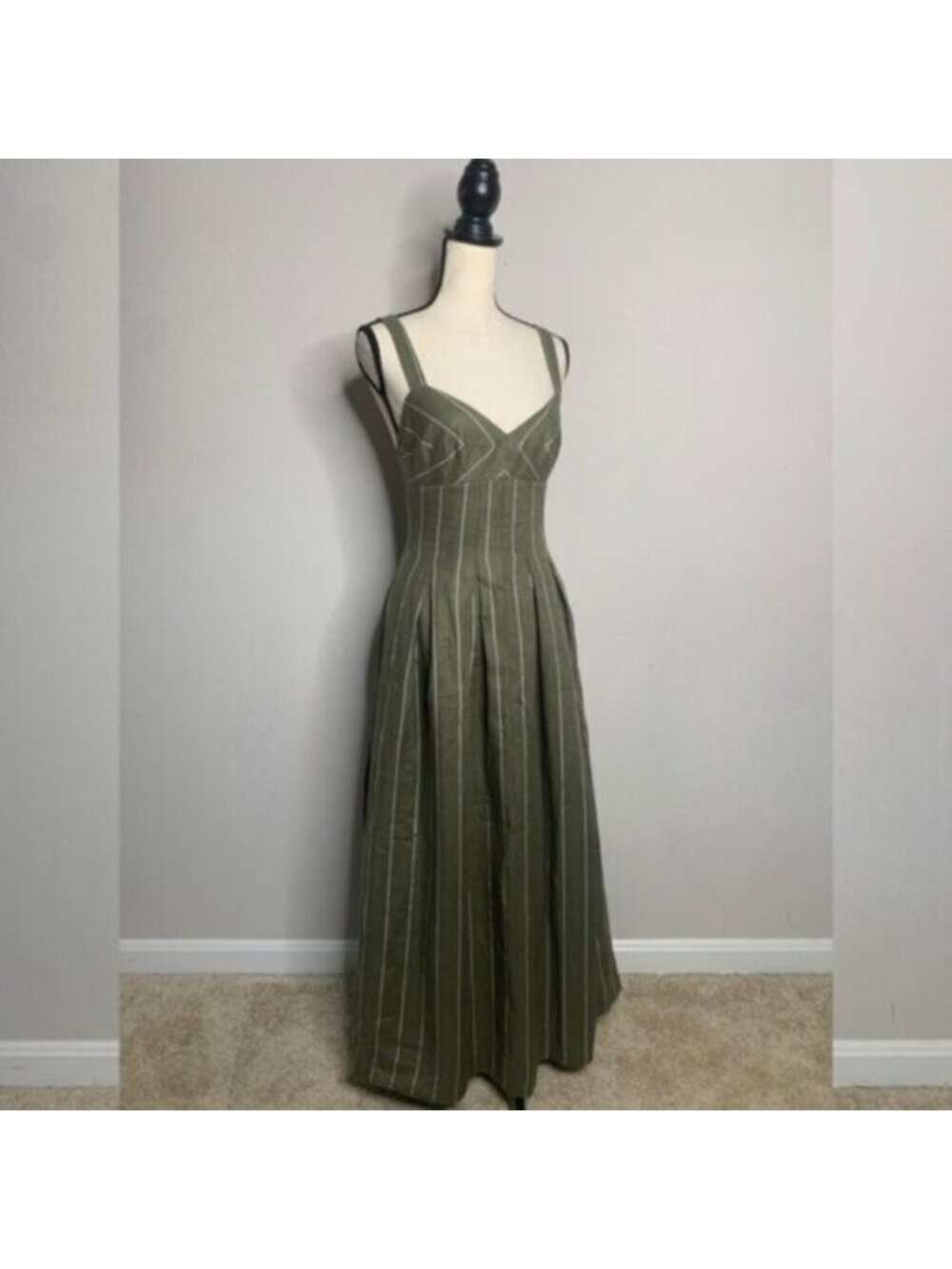 NWT NICHOLAS Selene Seamed Cami Linen Olive & White Striped Maxi Dress - Picture 5 of 17